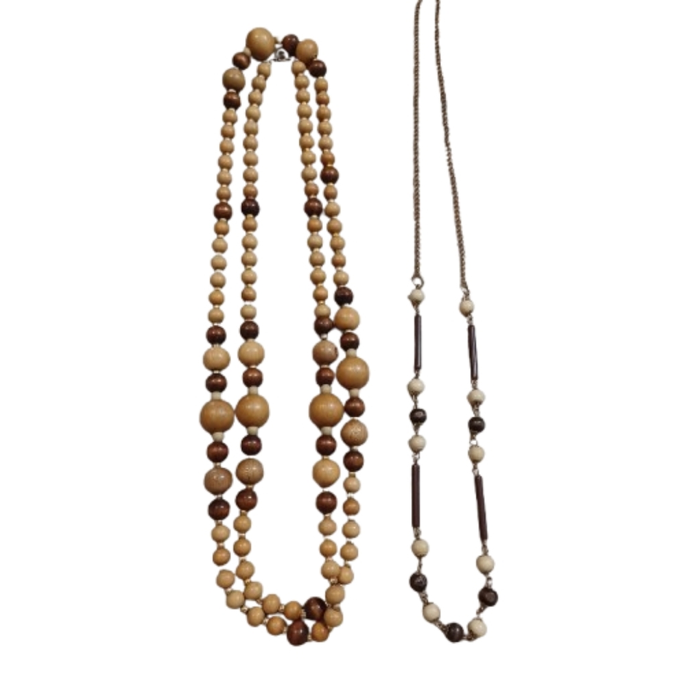 Wood Beaded Necklace Set Of 2 Brown and Cream Boho Jewelry Necklaces - Picture 2 of 9